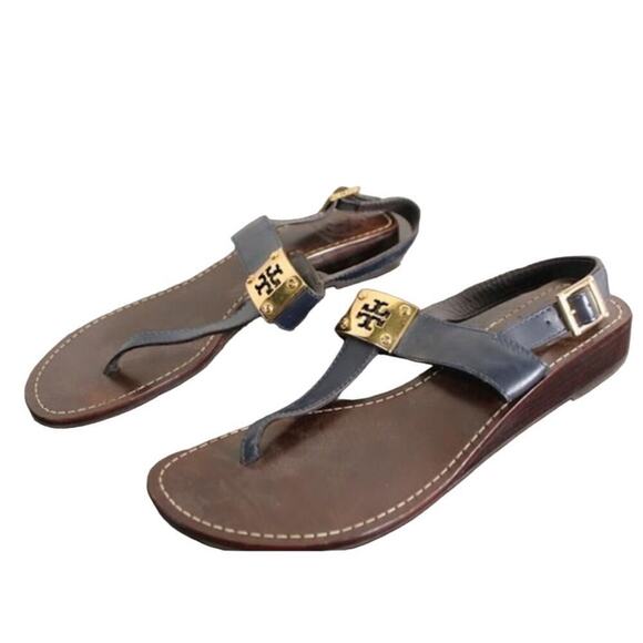 Tory Burch Shoes - Tory Burch Women's Brown Navy Blue Logo Leather Ankle Strap Buckle Sandals Sz 8
